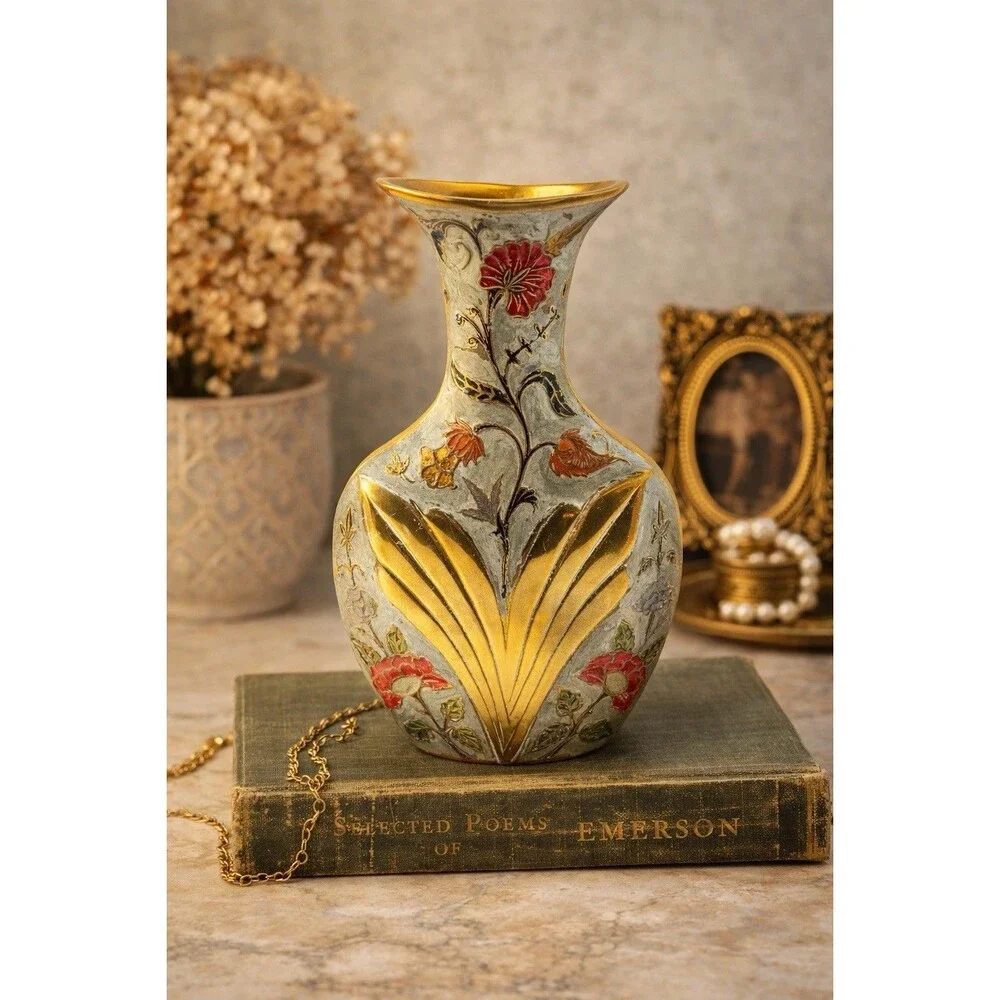 Vintage Enamel Floral Brass Vase Art Nouveau Style Gold 9”